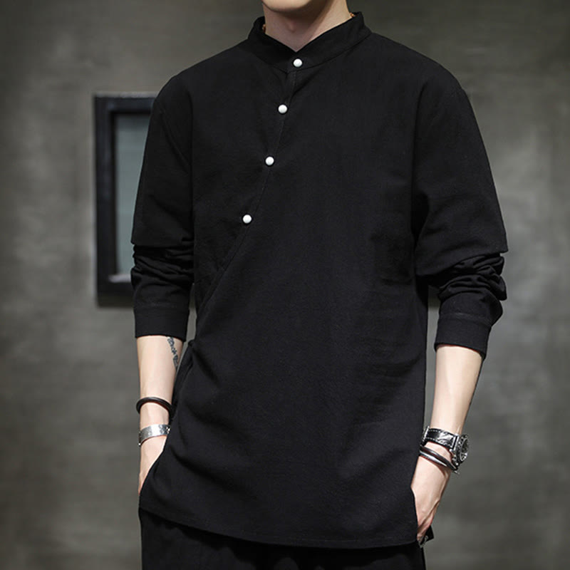 Chemise à manches longues en coton et lin pour homme, motif Buddha Stones, à lacets et boutons simples - image 4