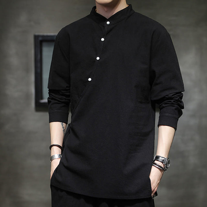 Chemise à manches longues en coton et lin pour homme, motif Buddha Stones, à lacets et boutons simples - image 4