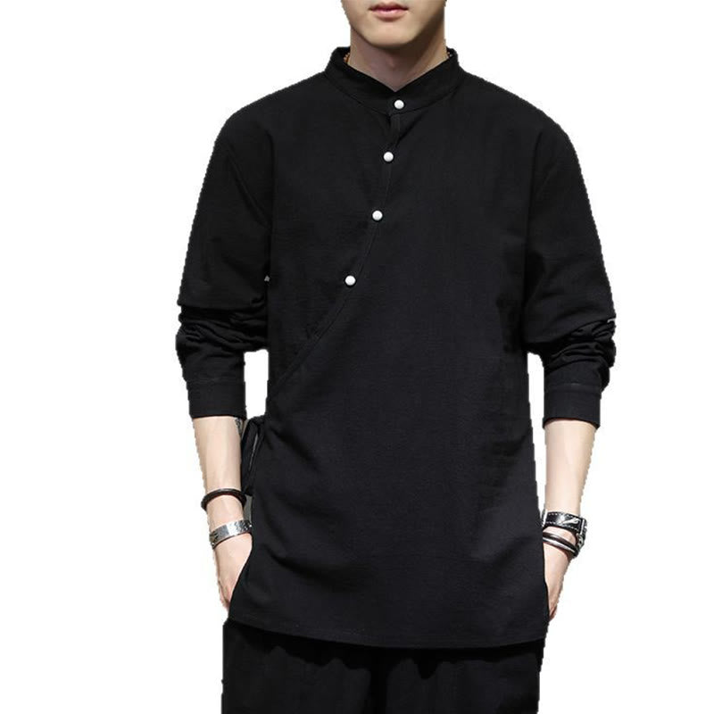 Chemise à manches longues en coton et lin pour homme, motif Buddha Stones, à lacets et boutons simples - image 12