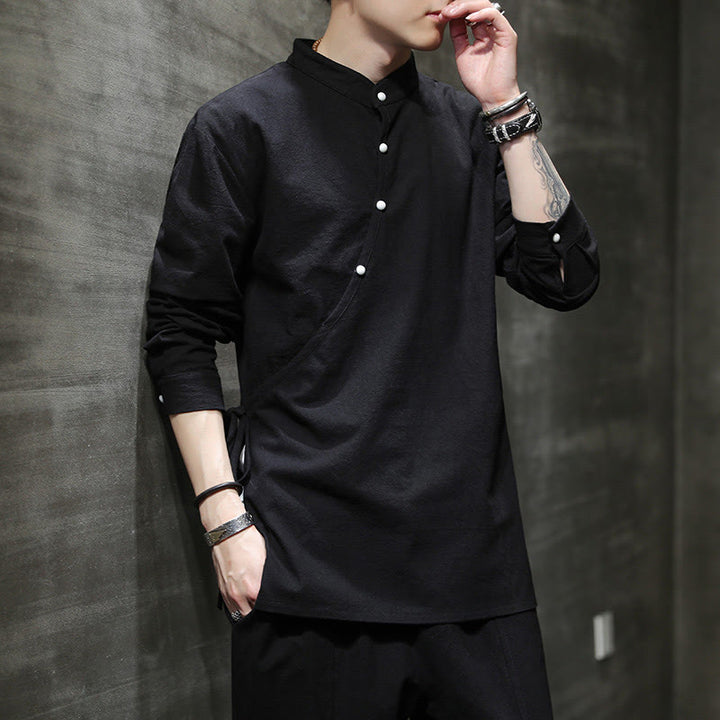 Chemise à manches longues en coton et lin pour homme, motif Buddha Stones, à lacets et boutons simples - image 2
