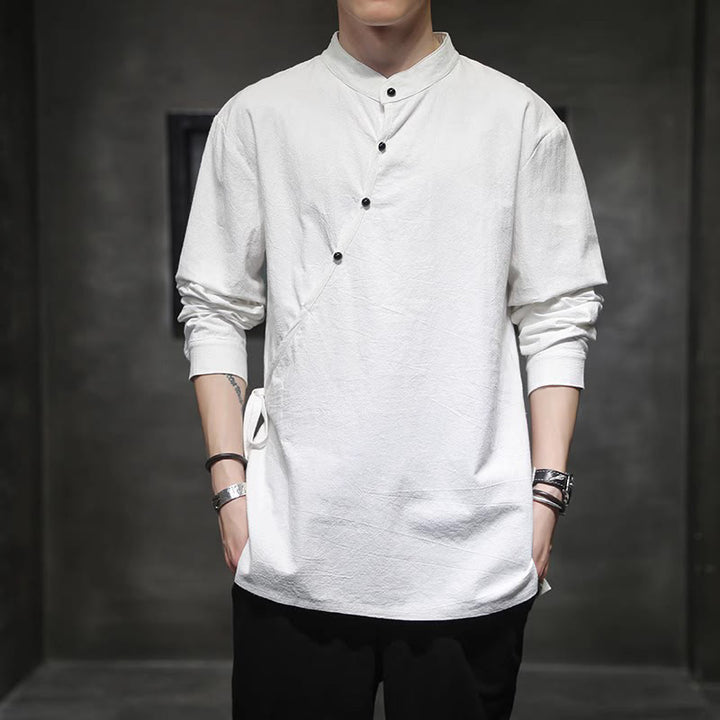 Chemise à manches longues en coton et lin pour homme, motif Buddha Stones, à lacets et boutons simples - image 14