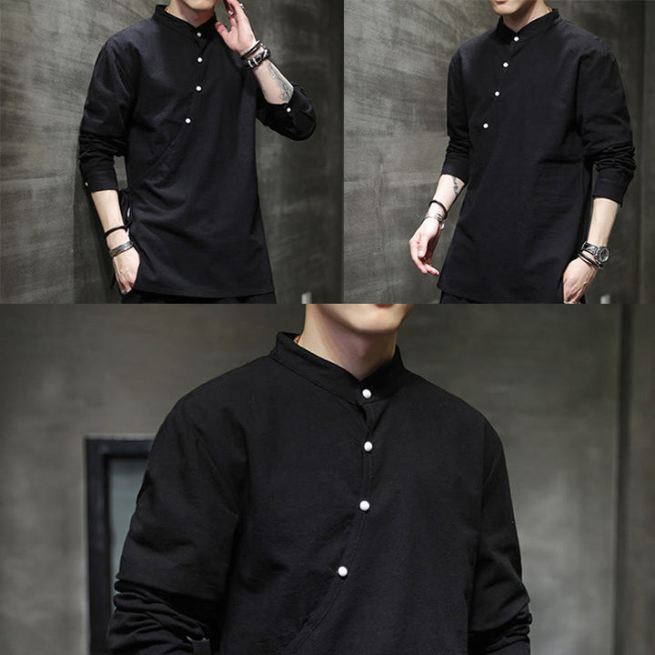 Chemise à manches longues en coton et lin pour homme, motif Buddha Stones, à lacets et boutons simples - image 11