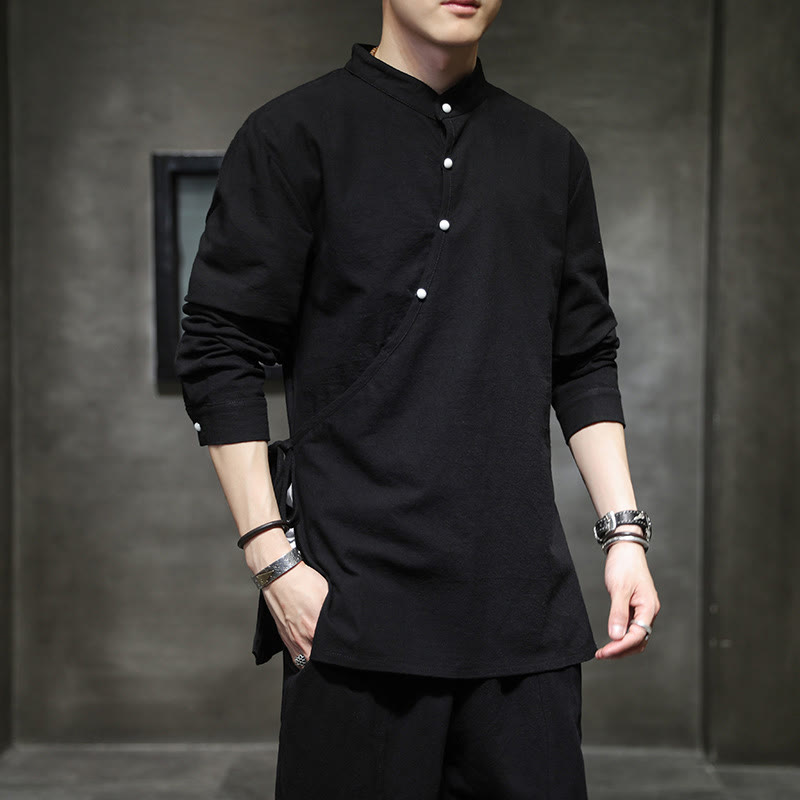 Chemise à manches longues en coton et lin pour homme, motif Buddha Stones, à lacets et boutons simples - image 7