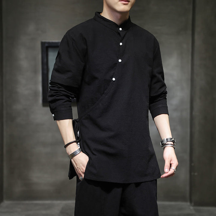 Chemise à manches longues en coton et lin pour homme, motif Buddha Stones, à lacets et boutons simples - image 7