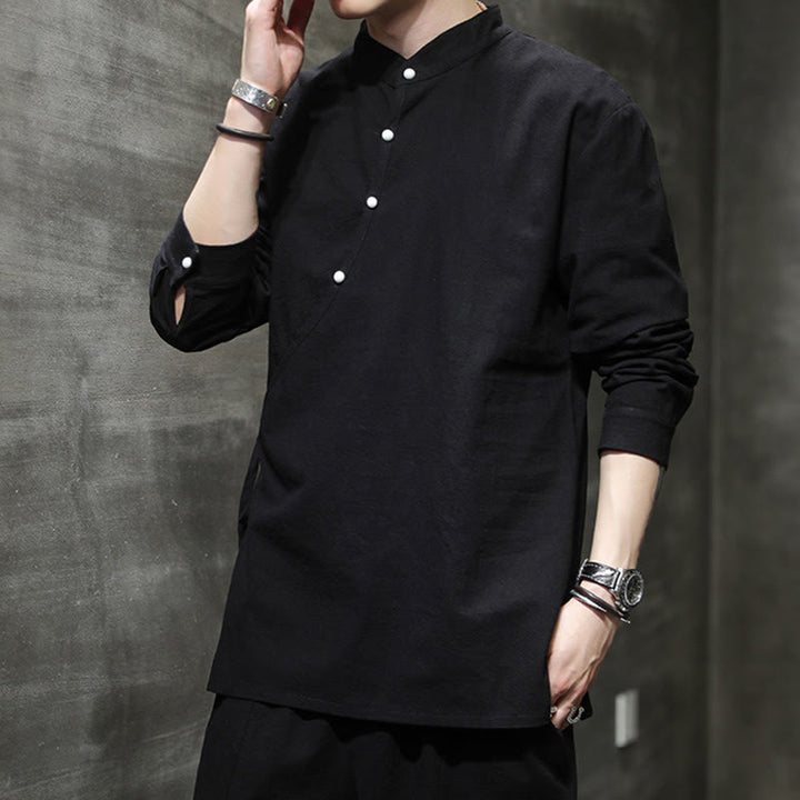 Chemise à manches longues en coton et lin pour homme, motif Buddha Stones, à lacets et boutons simples - image 1