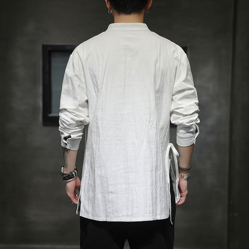 Chemise à manches longues en coton et lin pour homme, motif Buddha Stones, à lacets et boutons simples - image 15
