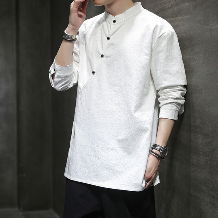 Chemise à manches longues en coton et lin pour homme, motif Buddha Stones, à lacets et boutons simples - image 18