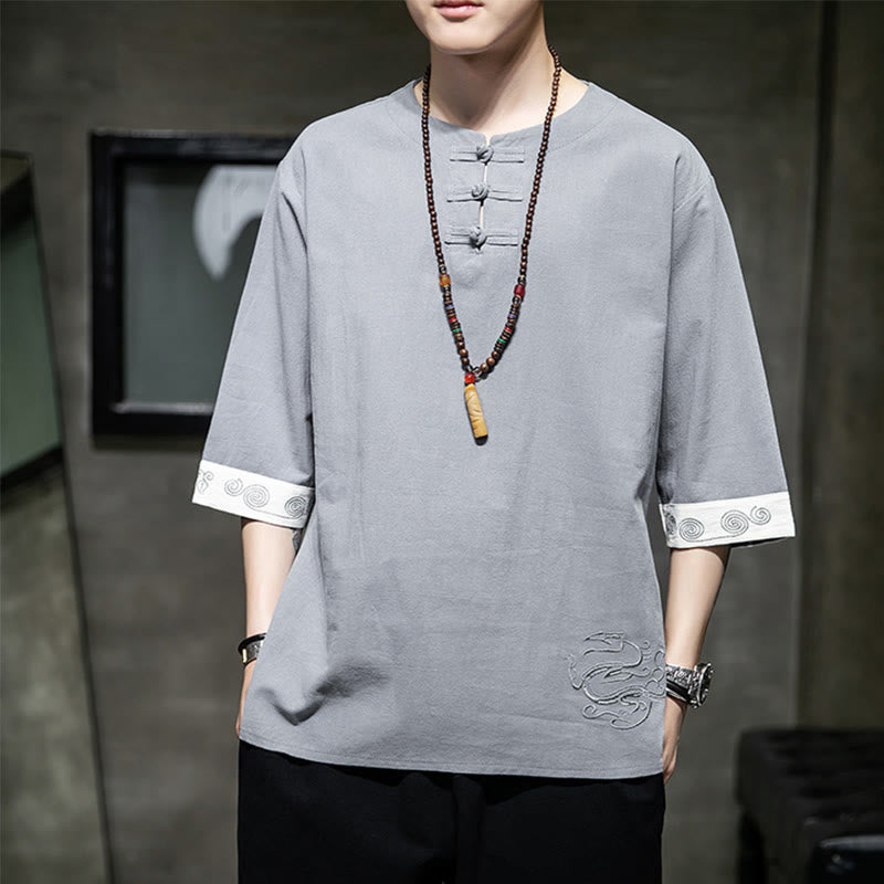 Chemise d'été en coton et lin à manches courtes et col ras du cou pour homme, broderie Buddha Stones , boutons grenouille unis - Argent - US/UK/AU46，EU56 (5XL) - image 0