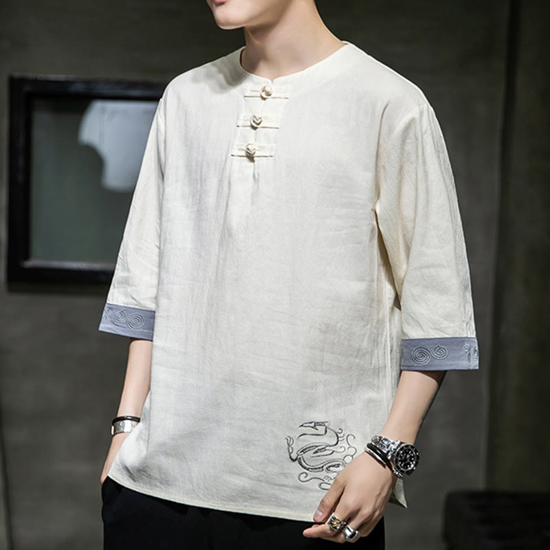 Chemise d'été en coton et lin à manches courtes et col ras du cou pour homme, broderie Buddha Stones , boutons grenouille unis - image 10