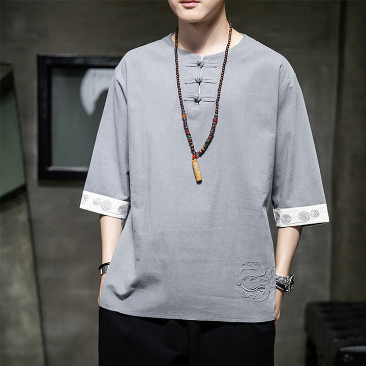 Chemise d'été en coton et lin à manches courtes et col ras du cou pour homme, broderie Buddha Stones , boutons grenouille unis - Argent - US/UK/AU46，EU56 (5XL) - image 0