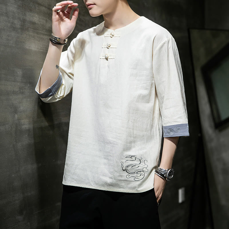 Chemise d'été en coton et lin à manches courtes et col ras du cou pour homme, broderie Buddha Stones , boutons grenouille unis - image 11