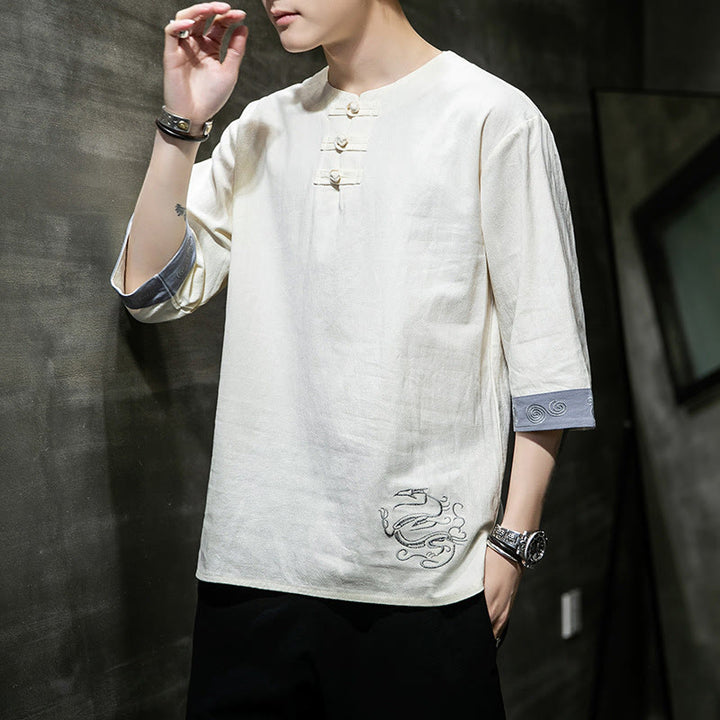 Chemise d'été en coton et lin à manches courtes et col ras du cou pour homme, broderie Buddha Stones , boutons grenouille unis - image 11