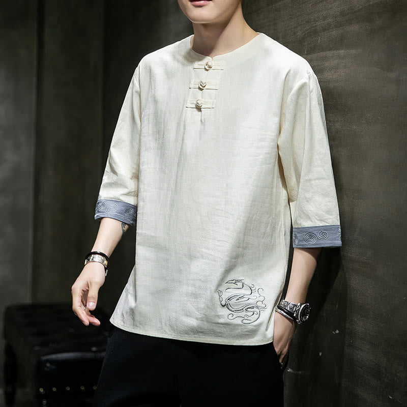 Chemise d'été en coton et lin à manches courtes et col ras du cou pour homme, broderie Buddha Stones , boutons grenouille unis - Beige - US/UK/AU46，EU56 (5XL) - image 9
