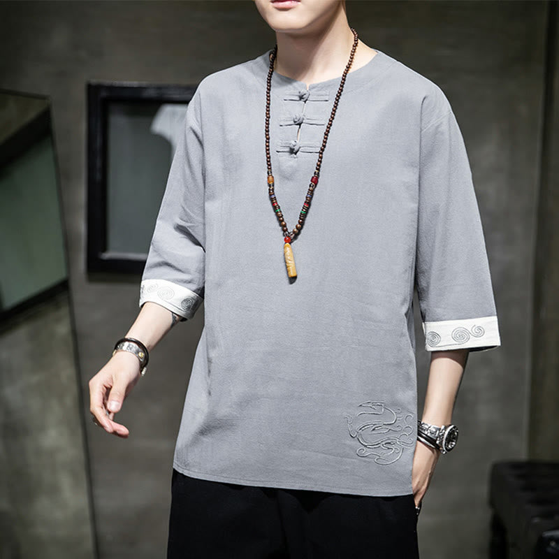 Chemise d'été en coton et lin à manches courtes et col ras du cou pour homme, broderie Buddha Stones , boutons grenouille unis - image 2