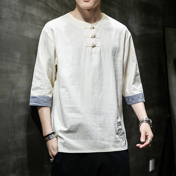 Chemise d'été en coton et lin à manches courtes et col ras du cou pour homme, broderie Buddha Stones , boutons grenouille unis - image 12