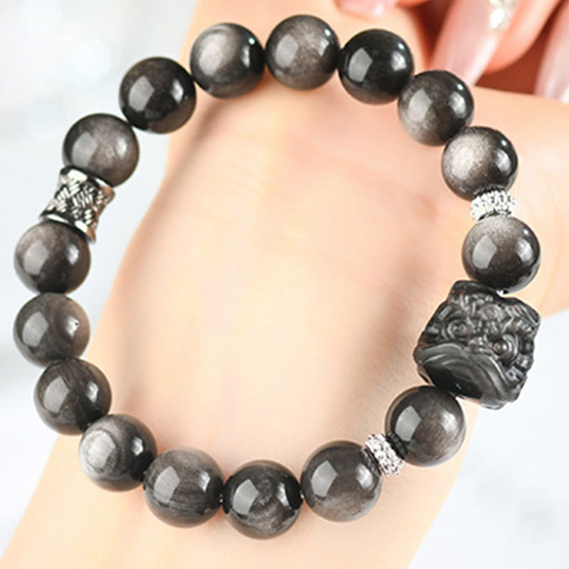 Bracelet de protection en Buddha Stones argentée naturelle et brillante, style danse du lion