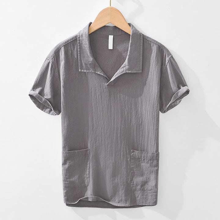 Chemise homme à manches courtes en coton et lin avec poches, style vintage uni et simple, motif Buddha Stones