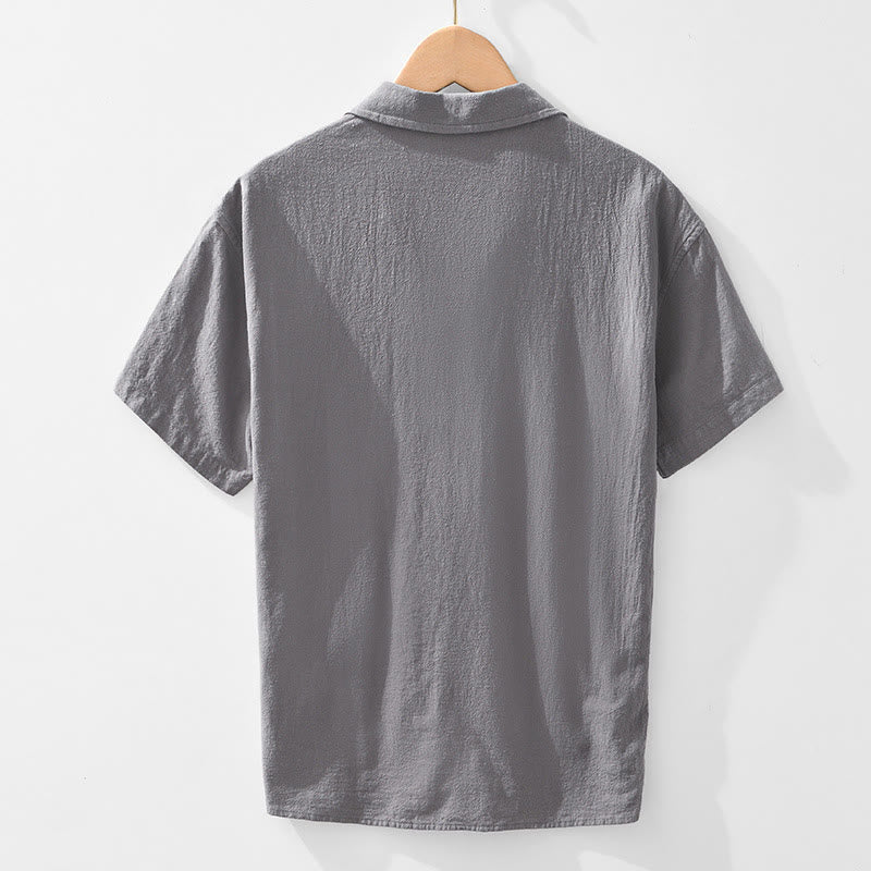 Chemise homme à manches courtes en coton et lin avec poches, style vintage uni et simple, motif Buddha Stones