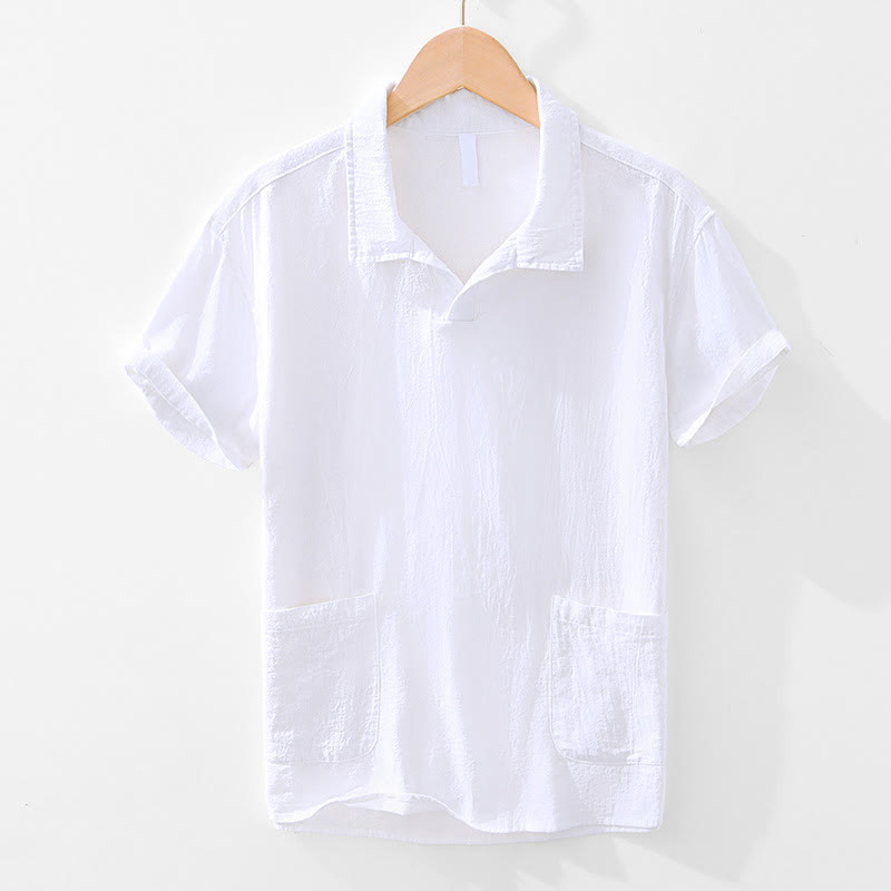 Chemise homme à manches courtes en coton et lin avec poches, style vintage uni et simple, motif Buddha Stones