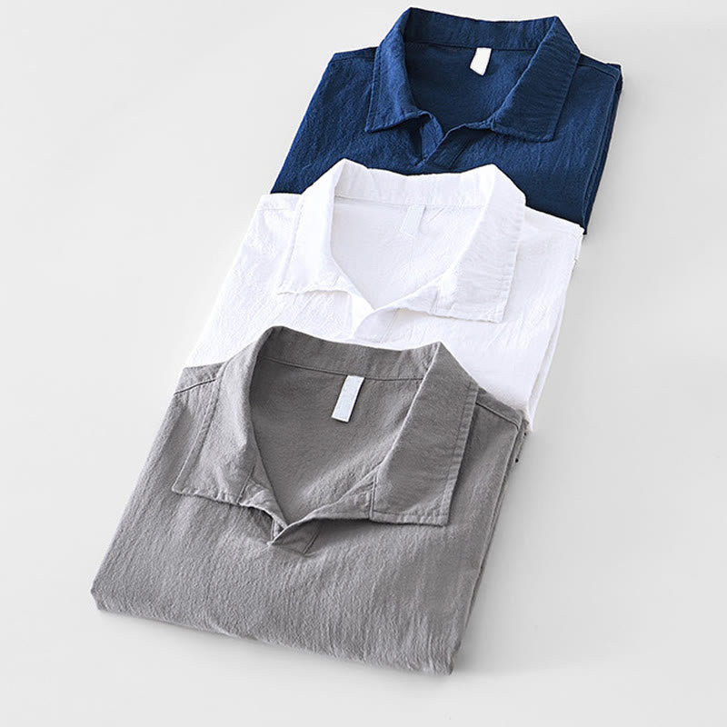 Chemise homme à manches courtes en coton et lin avec poches, style vintage uni et simple, motif Buddha Stones