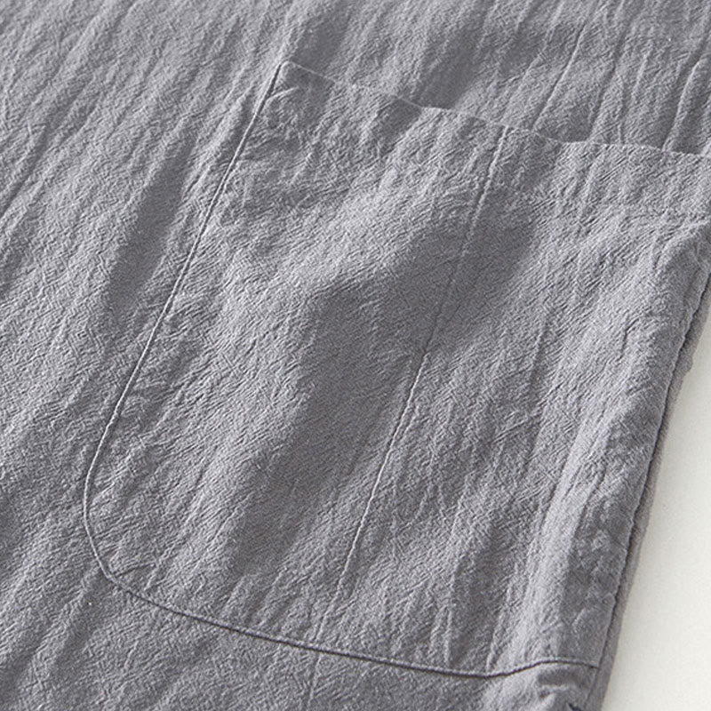 Chemise homme à manches courtes en coton et lin avec poches, style vintage uni et simple, motif Buddha Stones