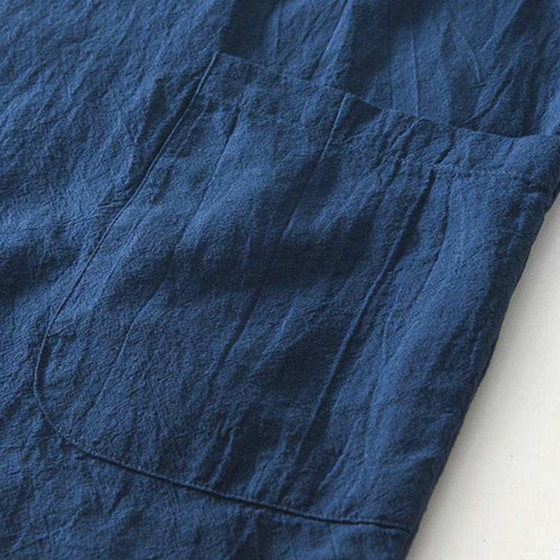Chemise homme à manches courtes en coton et lin avec poches, style vintage uni et simple, motif Buddha Stones
