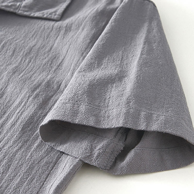 Chemise homme à manches courtes en coton et lin avec poches, style vintage uni et simple, motif Buddha Stones - image 3