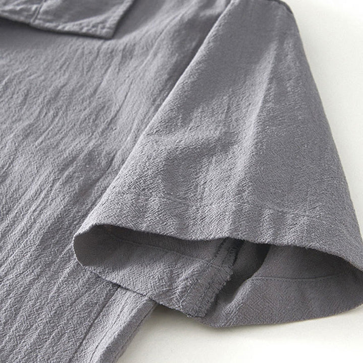 Chemise homme à manches courtes en coton et lin avec poches, style vintage uni et simple, motif Buddha Stones - image 3