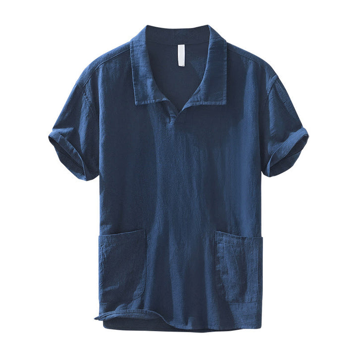 Chemise homme à manches courtes en coton et lin avec poches, style vintage uni et simple, motif Buddha Stones
