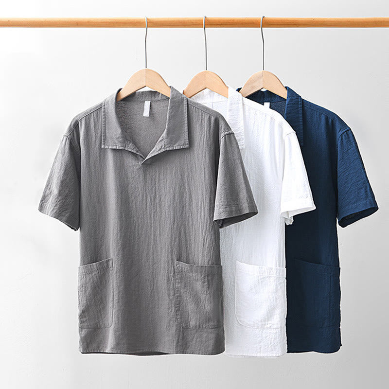 Chemise homme à manches courtes en coton et lin avec poches, style vintage uni et simple, motif Buddha Stones