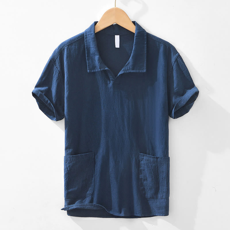 Chemise homme à manches courtes en coton et lin avec poches, style vintage uni et simple, motif Buddha Stones