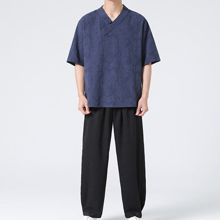 Chemise ethnique en coton et lin à manches mi-longues et col montant pour homme, motif jacquard effet vieilli, motif Buddha Stones, motif grenouille, vêtements de tai-chi