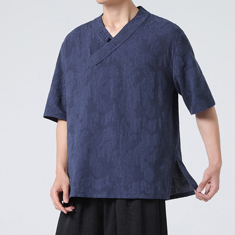Chemise ethnique en coton et lin à manches mi-longues et col montant pour homme, motif jacquard effet vieilli, motif Buddha Stones, motif grenouille, vêtements de tai-chi