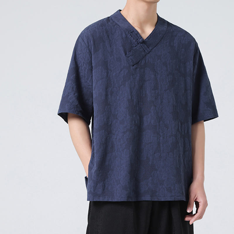 Chemise ethnique en coton et lin à manches mi-longues et col montant pour homme, motif jacquard effet vieilli, motif Buddha Stones, motif grenouille, vêtements de tai-chi