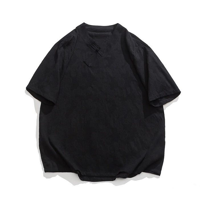 Chemise ethnique en coton et lin à manches mi-longues et col montant pour homme, motif jacquard effet vieilli, motif Buddha Stones, motif grenouille, vêtements de tai-chi - Noir - US/UK/AU46，EU56 (5XL) - image 12