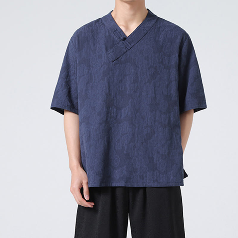 Chemise ethnique en coton et lin à manches mi-longues et col montant pour homme, motif jacquard effet vieilli, motif Buddha Stones, motif grenouille, vêtements de tai-chi