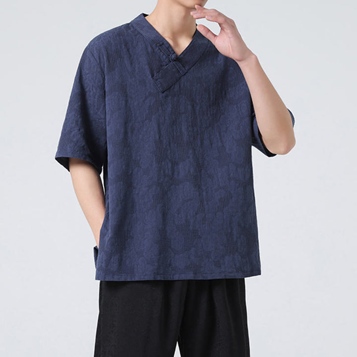 Chemise ethnique en coton et lin à manches mi-longues et col montant pour homme, motif jacquard effet vieilli, motif Buddha Stones, motif grenouille, vêtements de tai-chi