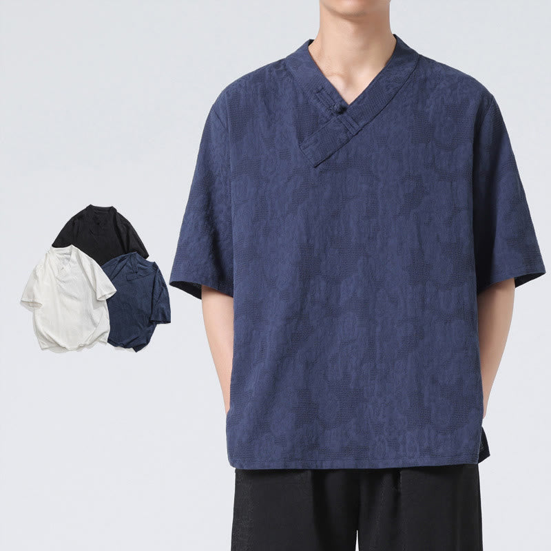 Chemise ethnique en coton et lin à manches mi-longues et col montant pour homme, motif jacquard effet vieilli, motif Buddha Stones, motif grenouille, vêtements de tai-chi