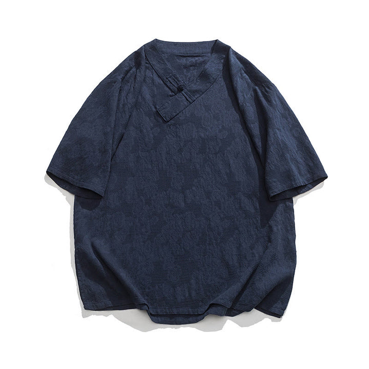 Chemise ethnique en coton et lin à manches mi-longues et col montant pour homme, motif jacquard effet vieilli, motif Buddha Stones, motif grenouille, vêtements de tai-chi - Bleu ardoise foncé - US/UK/AU46，EU56 (5XL) - image 0