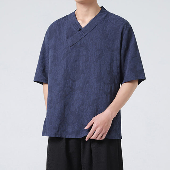 Chemise ethnique en coton et lin à manches mi-longues et col montant pour homme, motif jacquard effet vieilli, motif Buddha Stones, motif grenouille, vêtements de tai-chi