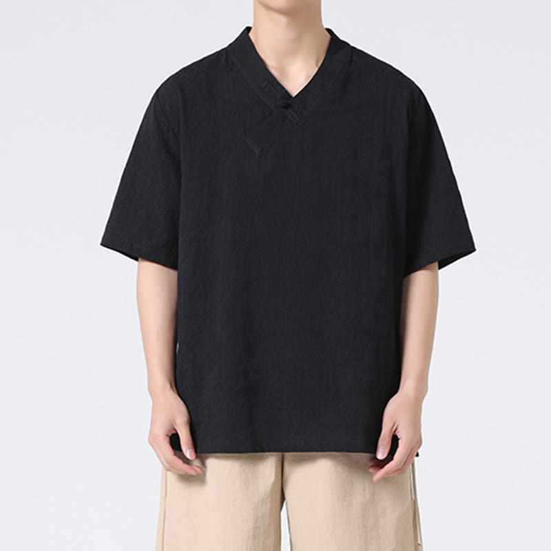 Chemise ethnique en coton et lin à manches mi-longues et col montant pour homme, motif jacquard effet vieilli, motif Buddha Stones, motif grenouille, vêtements de tai-chi
