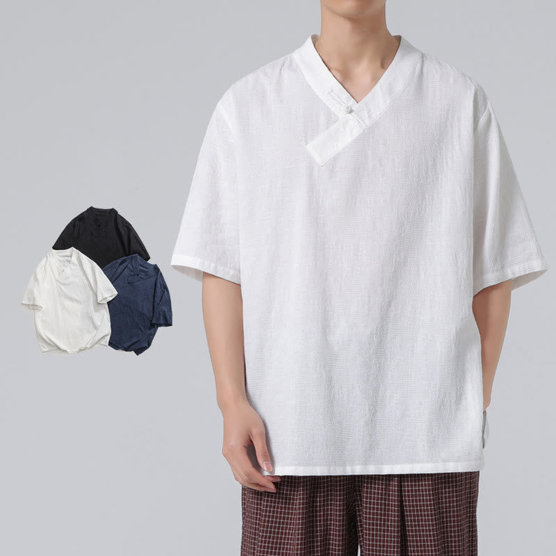 Chemise ethnique en coton et lin à manches mi-longues et col montant pour homme, motif jacquard effet vieilli, motif Buddha Stones, motif grenouille, vêtements de tai-chi
