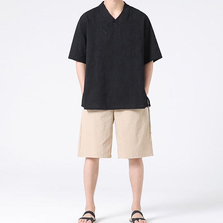 Chemise ethnique en coton et lin à manches mi-longues et col montant pour homme, motif jacquard effet vieilli, motif Buddha Stones, motif grenouille, vêtements de tai-chi