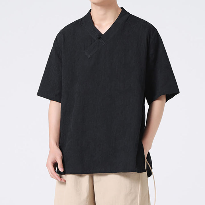 Chemise ethnique en coton et lin à manches mi-longues et col montant pour homme, motif jacquard effet vieilli, motif Buddha Stones, motif grenouille, vêtements de tai-chi