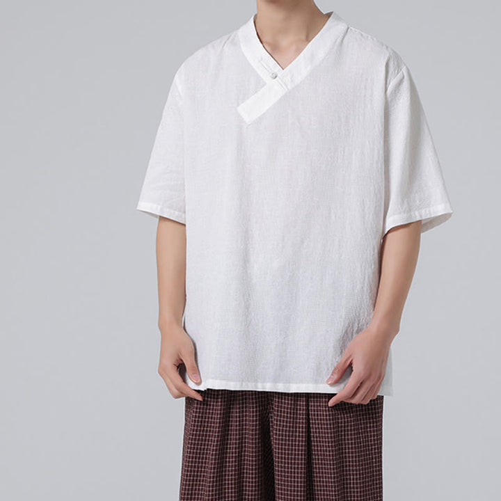 Chemise ethnique en coton et lin à manches mi-longues et col montant pour homme, motif jacquard effet vieilli, motif Buddha Stones, motif grenouille, vêtements de tai-chi