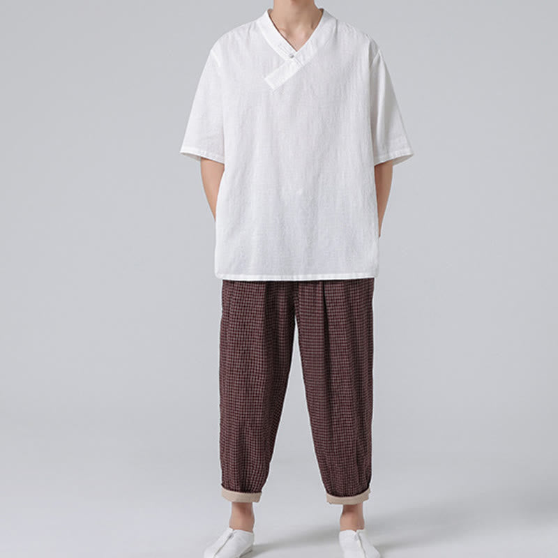 Chemise ethnique en coton et lin à manches mi-longues et col montant pour homme, motif jacquard effet vieilli, motif Buddha Stones, motif grenouille, vêtements de tai-chi