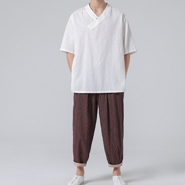 Chemise ethnique en coton et lin à manches mi-longues et col montant pour homme, motif jacquard effet vieilli, motif Buddha Stones, motif grenouille, vêtements de tai-chi