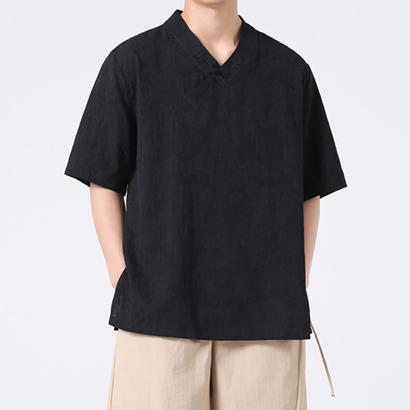 Chemise ethnique en coton et lin à manches mi-longues et col montant pour homme, motif jacquard effet vieilli, motif Buddha Stones, motif grenouille, vêtements de tai-chi