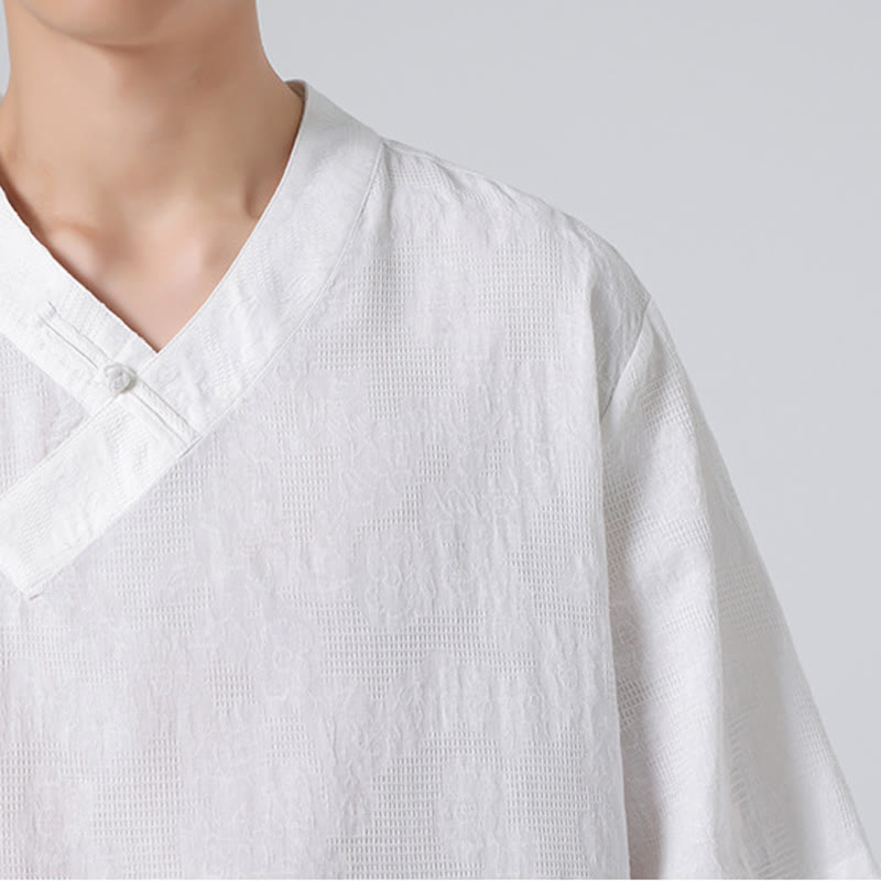 Chemise ethnique en coton et lin à manches mi-longues et col montant pour homme, motif jacquard effet vieilli, motif Buddha Stones, motif grenouille, vêtements de tai-chi