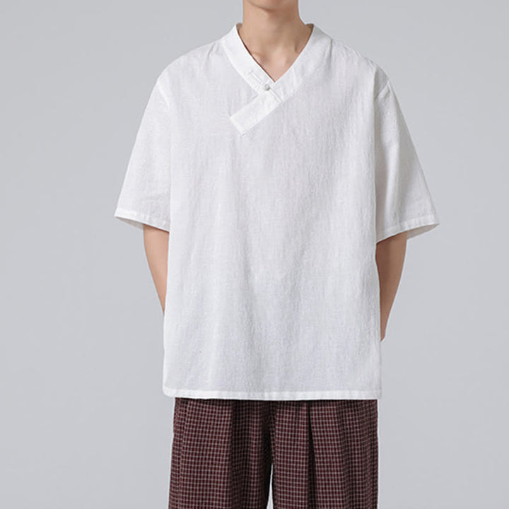 Chemise ethnique en coton et lin à manches mi-longues et col montant pour homme, motif jacquard effet vieilli, motif Buddha Stones, motif grenouille, vêtements de tai-chi